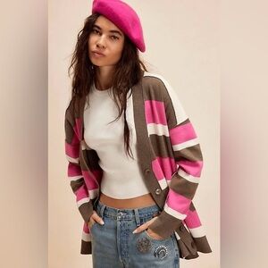 Free People Pink and Brown Striped Cardigan